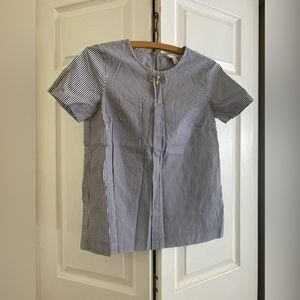 J Crew blue & white stripe blouse with jeweled bow tie